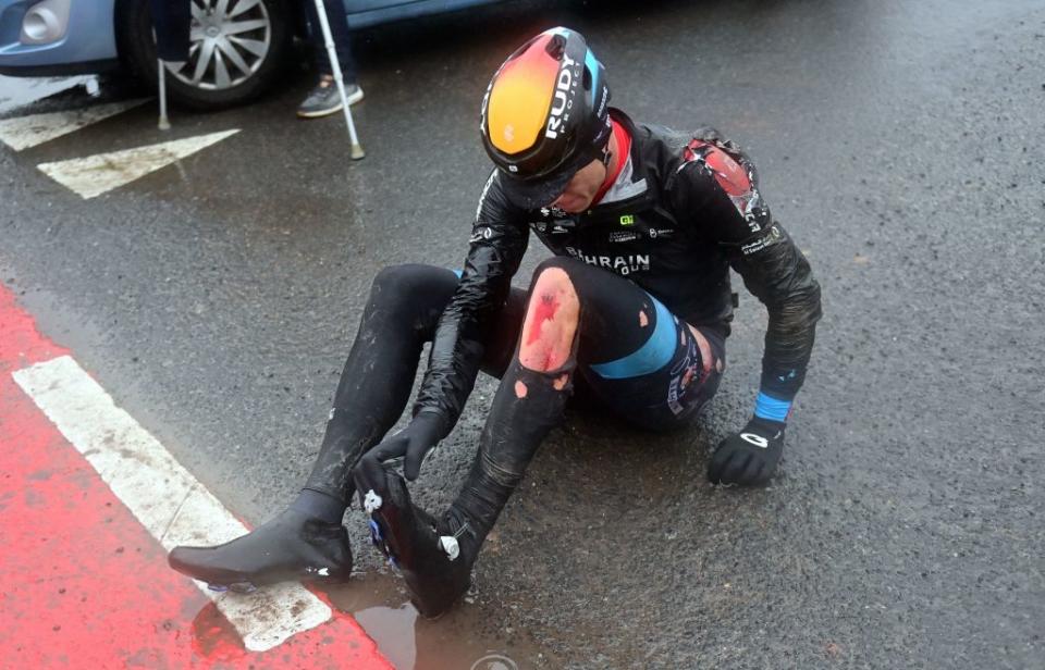 Italian Jonathan Milan of Bahrain Victorious lies on the ground after a crash during the mens GentWevelgem  In Flanders Fields cycling race 2609 km from Ieper to Wevelgem Sunday 26 March 2023 BELGA PHOTO DIRK WAEM Photo by DIRK WAEM  BELGA MAG  Belga via AFP Photo by DIRK WAEMBELGA MAGAFP via Getty Images