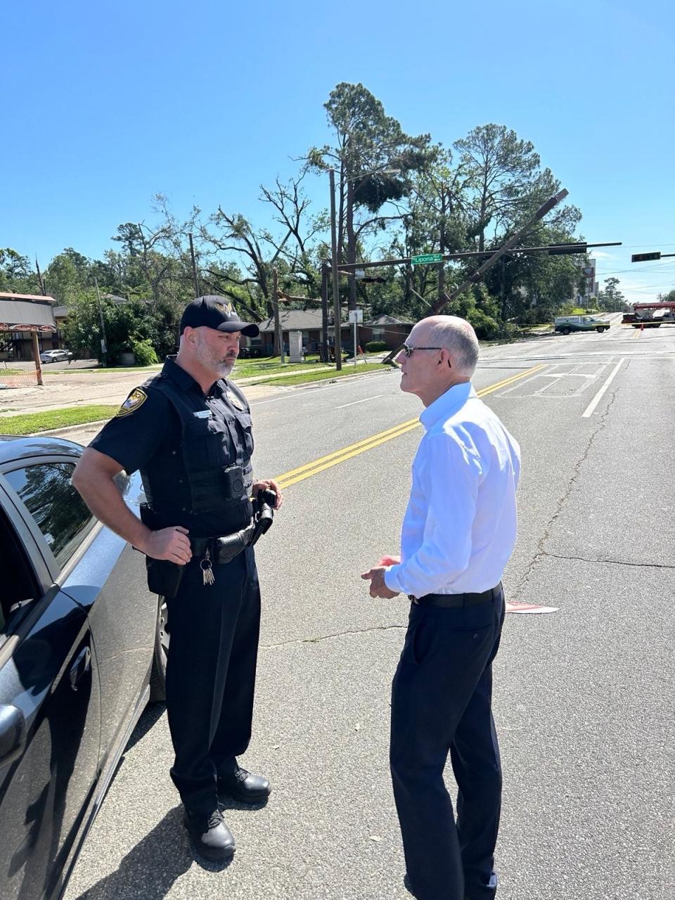 U.S. Sen. Rick Scott toured Tallahassee the day after a storm system and possible tornadoes ravaged the interior of the city, May, 11, 2024.