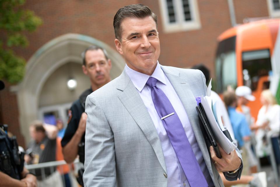 Rece Davis arrives on set at the ESPN College GameDay stage outside of Ayres Hall on the University of Tennessee campus in Knoxville, Tenn. on Saturday, Sept. 24, 2022. The flagship ESPN college football pregame show returned for the tenth time to Knoxville as the No. 12 Vols hosted the No. 22 Gators.