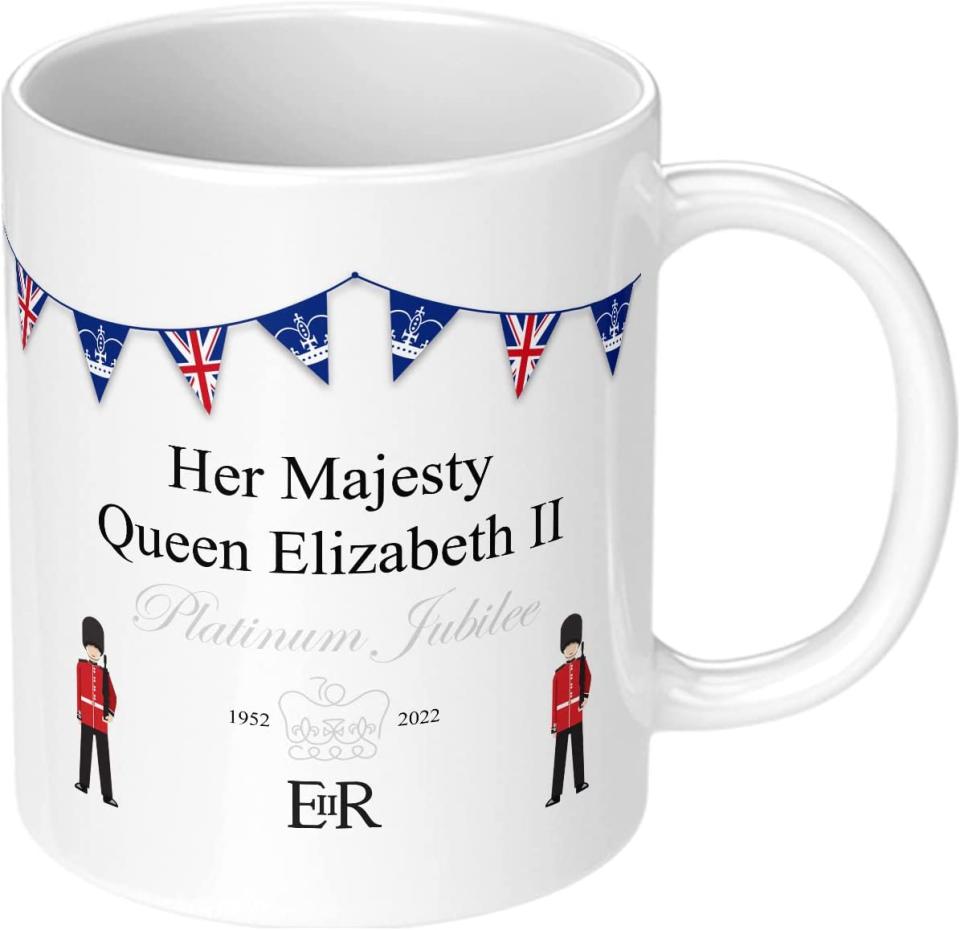 A mug commemorating the Queen's Platinum Jubilee on a white background