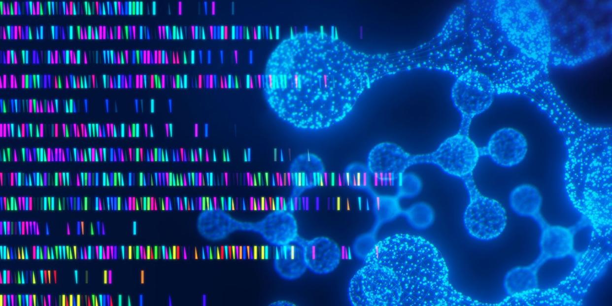 sequencing data of genome analysis and a glowing particle molecular structure on black background