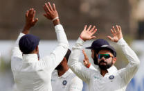 Cricket - Sri Lanka v India - First Test Match - Galle, Sri Lanka - July 27, 2017 - India's captain Virat Kohli celebrates the wicket of Sri Lanka's Kusal Mendis (not pictured) . REUTERS/Dinuka Liyanawatte