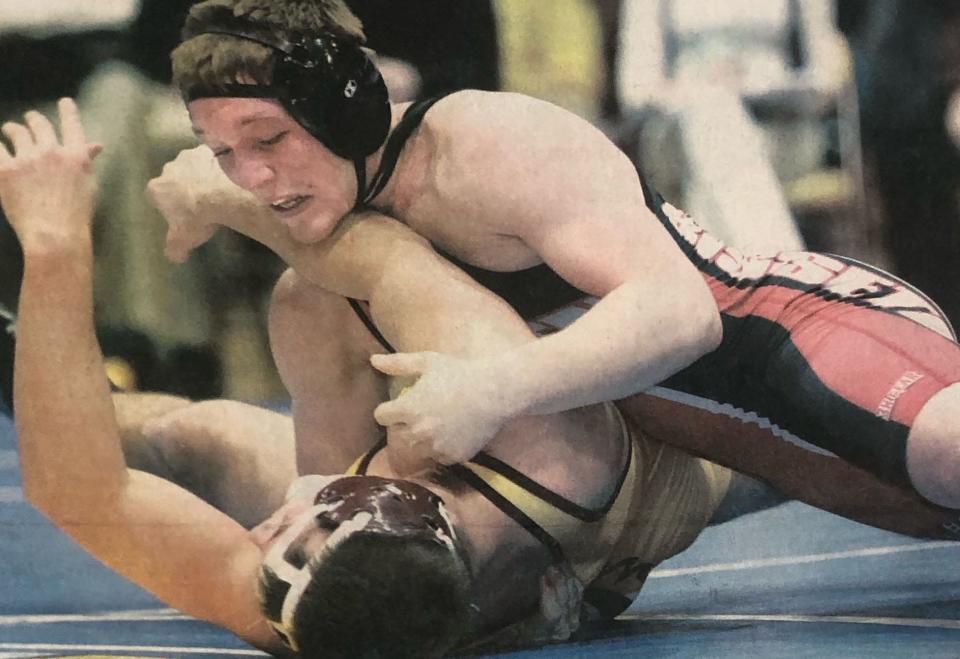 Casey Goodhart of Sisseton beat Thomas Hudson of Harrisburg to win the 182-pound championship in the 2012 state Class A wrestling tournament at Aberdeen.