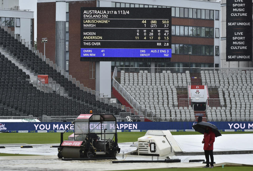 A view of the scoreboard at the weather affected Old Trafford stadium before the fourth day of the fourth Ashes Test match between England and Australia at Old Trafford, Manchester, England, Saturday, July 22, 2023. (AP Photo/Rui Vieira)