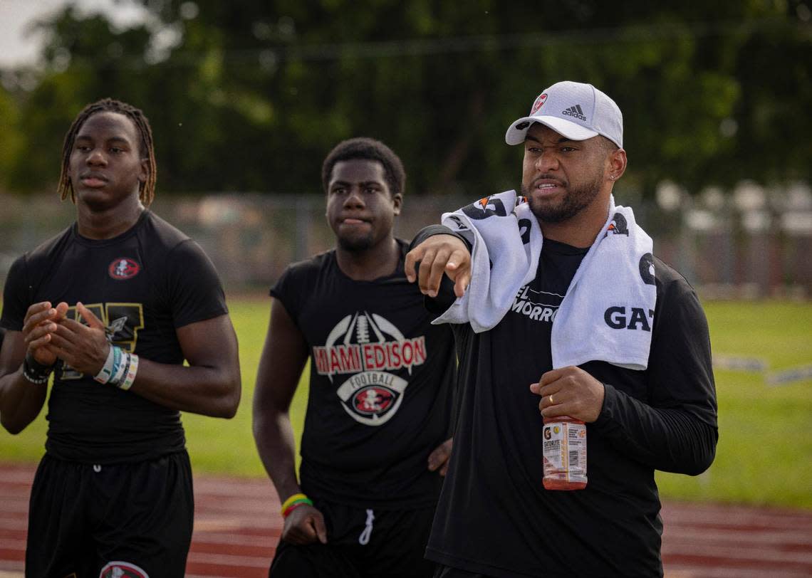 Miami Dolphin’s Tua Tagovailoa runs drills with the Miami Edison Senior High football team during practice after school on Tuesday, July 18, 2023, at Miami Edison Senior High. Gatorade’s Equity in Sports partnered with Tagovailoa and Good Sports to bring the Miami Edison new sporting equipment.