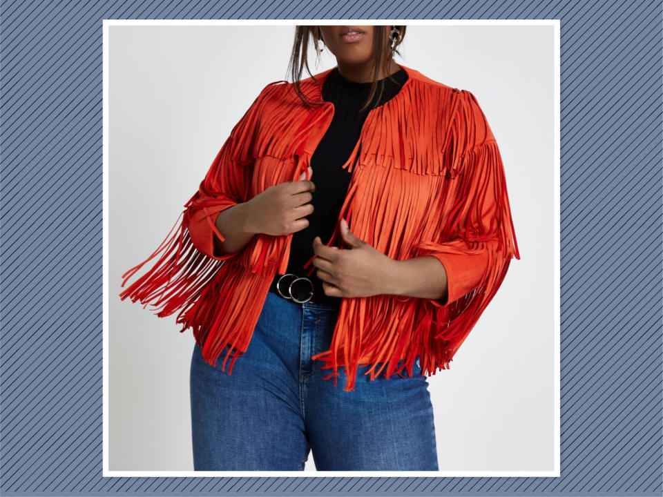 <p>Plus Bright Red Faux Suede Fringe Jacket, $140, <a rel="nofollow noopener" href="https://us.riverisland.com/p/plus-bright-red-faux-suede-fringe-jacket-715451" target="_blank" data-ylk="slk:River Island;elm:context_link;itc:0;sec:content-canvas" class="link ">River Island</a> (Photo: River Island) </p>