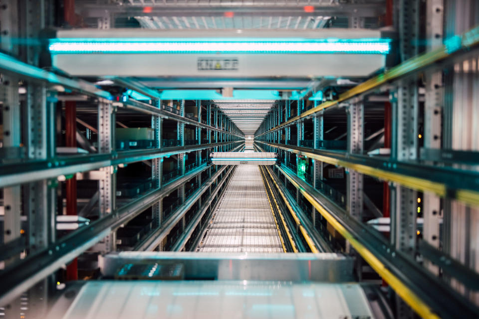 Automated equipment in the Galgenen distribution center’s warehouse. - Credit: Courtesy of David Biedert/The Estée Lauder Cos.