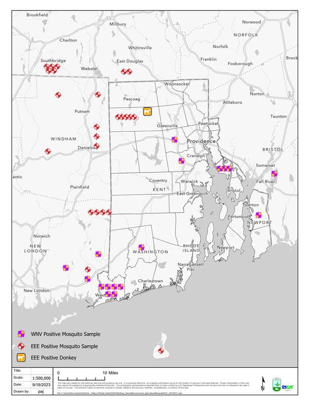 This map shows where mosquito samples have tested positive for West Nile virus or EEE.