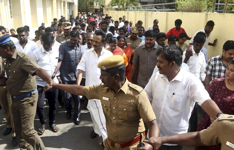 Dravida Munnetra Kazhagam (DMK) leader M.K. Stalin walks outside a polling station after casting his vote during the second phase of India's general elections in Chennai, India, Thursday, April 18, 2019. The Indian election is taking place in seven phases over six weeks in the country of 1.3 billion people. Some 900 million people are registered to vote for candidates to fill 543 seats in India's lower house of Parliament. (AP Photo/R. Parthibhan)