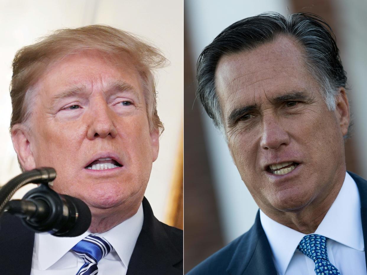 Mitt Romney, right, who is running for U.S. Senate in Utah, predicted Thursday night that President Donald Trump would&nbsp;win a second term in office. (Photo: DREW ANGERER via Getty Images)