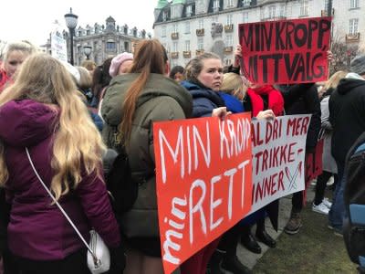 A woman holds a placard during a demonstration against changes of the country's abortion law in Oslo, Norway November 17, 2018. Sign reads