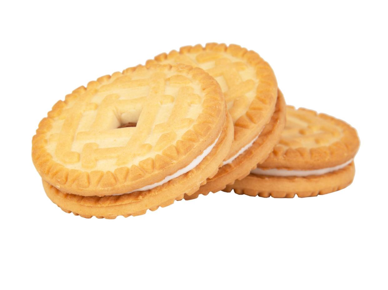 Biscuit sandwich cookies with milk creamy filling isolated on the white background