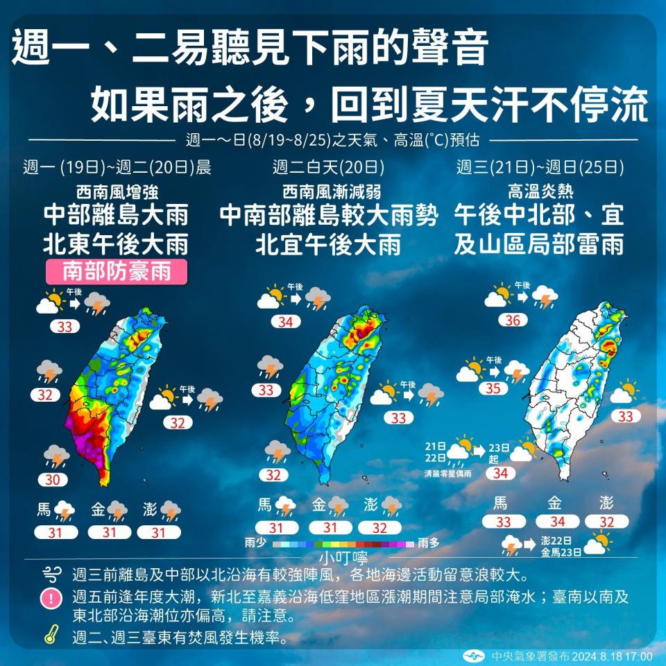 今明兩天天氣相似，各地皆有雨勢，而周三起天氣將恢復炎夏，各地從多雲轉晴朗，午後雷陣雨。取自中央氣象署