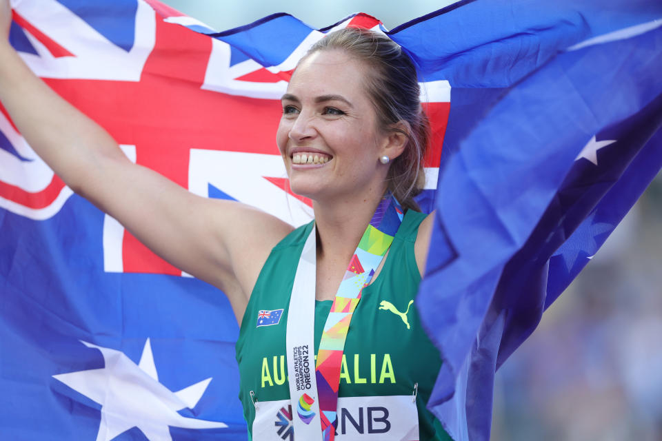 Kelsey-Lee Barber, pictured here after winning gold in the javelin at the world athletics championships.