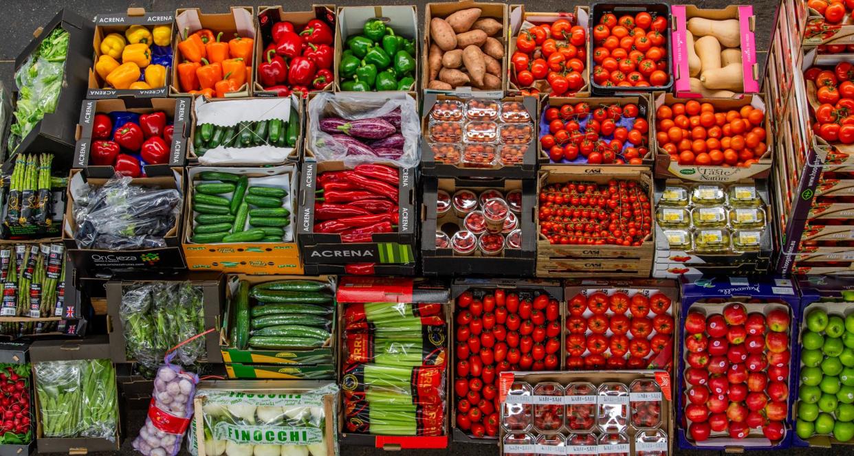 <span>Fresh produce is displayed on the Bevington Salads stall.</span><span>Photograph: Jill Mead/The Guardian</span>