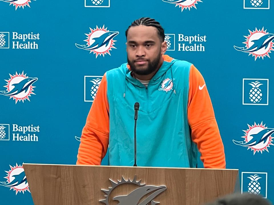 Dolphins quarterback Tua Tagovailoa shows off his new cornrows during his media session Wednesday.