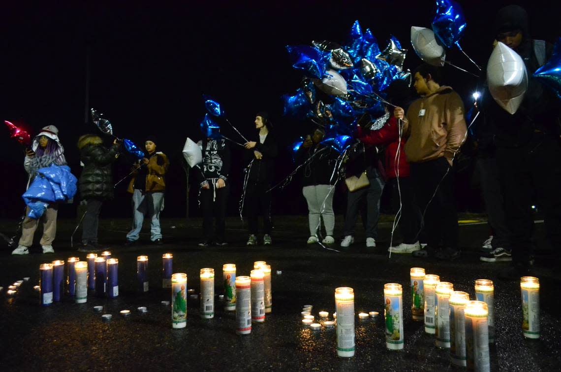 Friends of Xaviar Siess and others in Tacoma’s Eastside community gather in the parking lot of the Eastside Community Center on Saturday, Jan. 21, 2023 for a balloon release to memorialize Xaviar Siess’s life. Siess, 14, was killed in a shooting at a Portland Avenue bus stop.