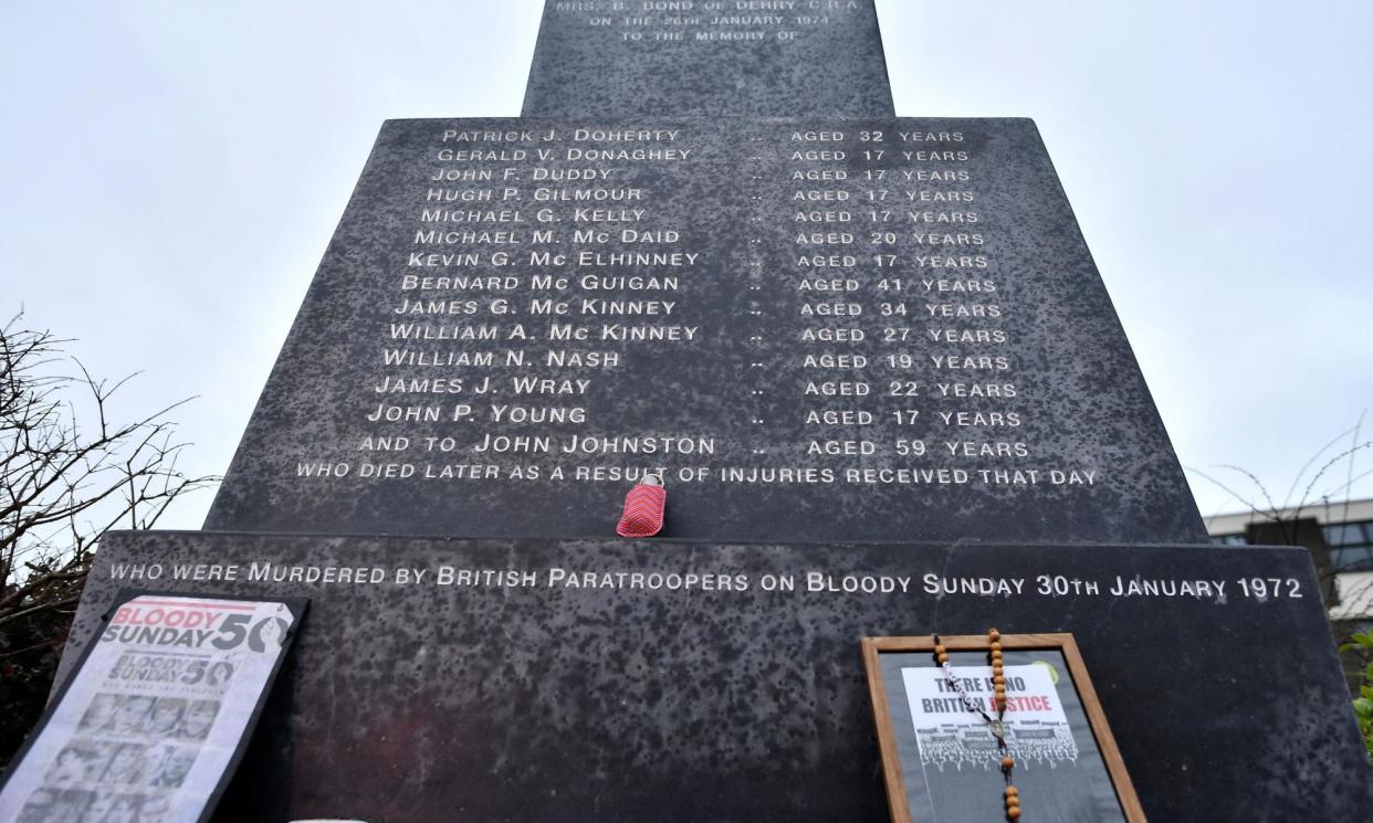 <span>Names of the victims of Bloody Sunday are inscribed on a memorial in Derry, Northern Ireland.</span><span>Photograph: Clodagh Kilcoyne/Reuters</span>