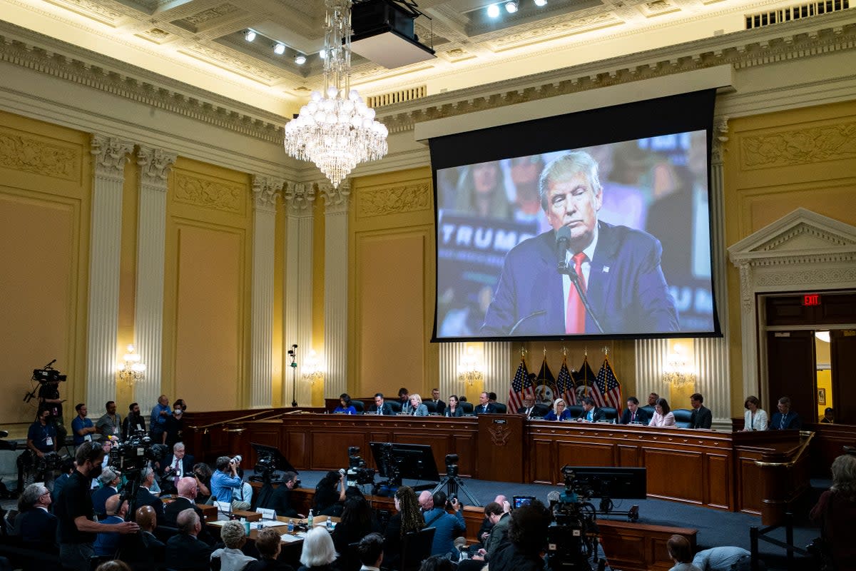 Former President Donald Trump on a screen at a hearing on the January 6th investigation.  (Getty Images)