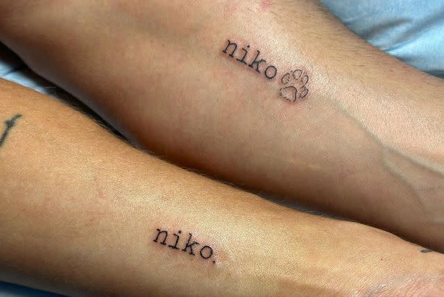 <p>Mary Fitzgerald and Jason Oppenheim/ Instagram</p> Mary Fitzgerald and Jason Oppenheim get matching tattoos for their dog Niko