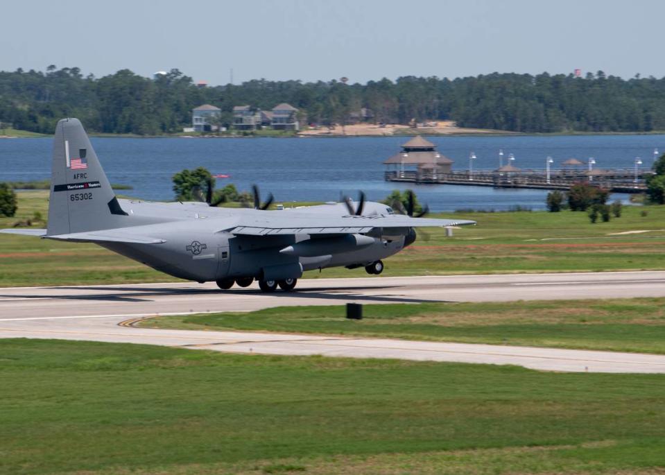 A 53rd Weather Reconnaissance WC-130J aircraft takes off from Keesler Air Force Base, Miss., June 17, 2021. The squadron, also known as the Hurricane Hunters, were tasked to fly their first mission of the 2021 Atlantic hurricane season into an invest over the Bay of Campeche in the Gulf of Mexico.