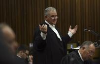 Barry Roux, lawyer for Olympic and Paralympic track star Oscar Pistorius makes a point at the North Gauteng High Court in Pretoria March 11, 2014. Pistorius is on trial for murdering his girlfriend Reeva Steenkamp at his suburban Pretoria home on Valentine's Day last year. REUTERS/Kevin Sutherland/Pool (SOUTH AFRICA - Tags: SPORT CRIME LAW)