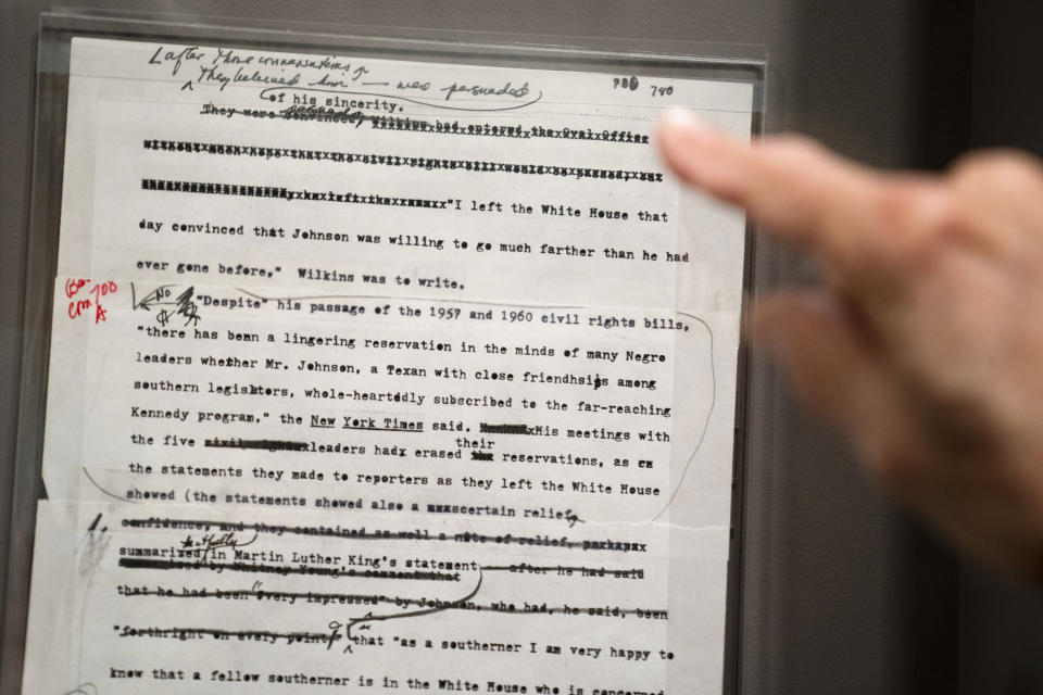 A sample of a writing draft by biographer Robert Caro appears during a tour of a permanent exhibit in his honor, "Turn Every Page": Inside the Robert A. Caro Archive, at the New York Historical Society Museum & Library in New York on Wednesday, Oct. 20, 2021. (AP Photo/John Minchillo)