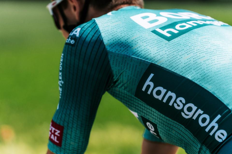 Bora-Hansgrohe rider in tour de france kit closeup