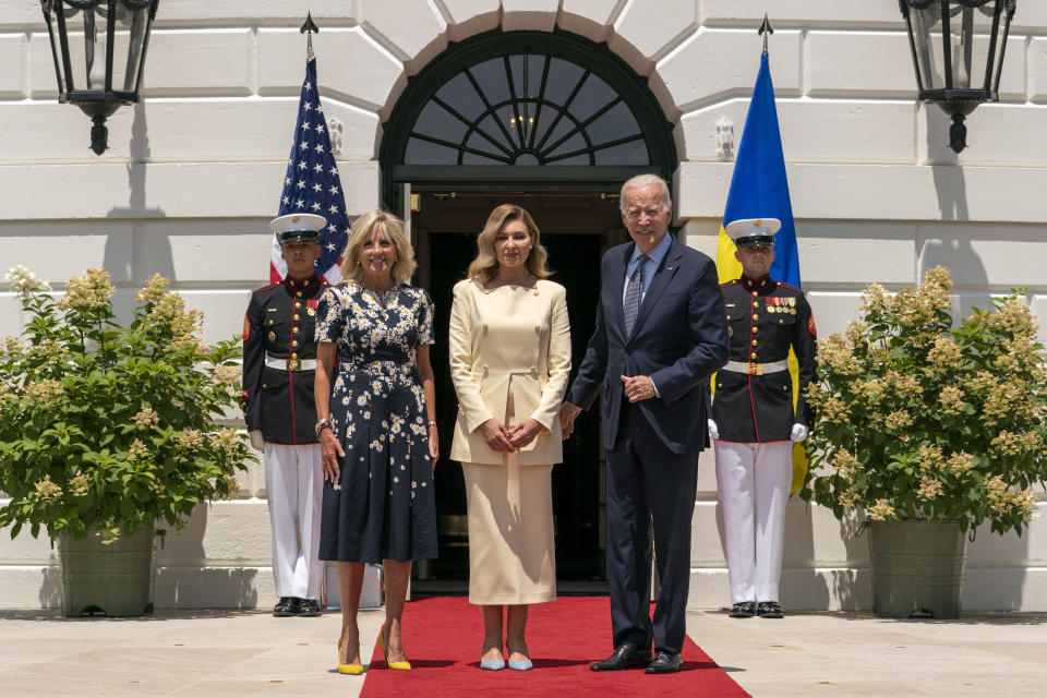 President Joe Biden and first lady Jill Biden greet Olena Zelenska, spouse of Ukrainian's President Volodymyr Zelenskyy, at the White House in Washington, Tuesday, July 19, 2022. (AP Photo/Andrew Harnik)