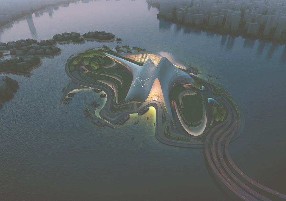 A geometric, blob-like shape covers an island at dusk