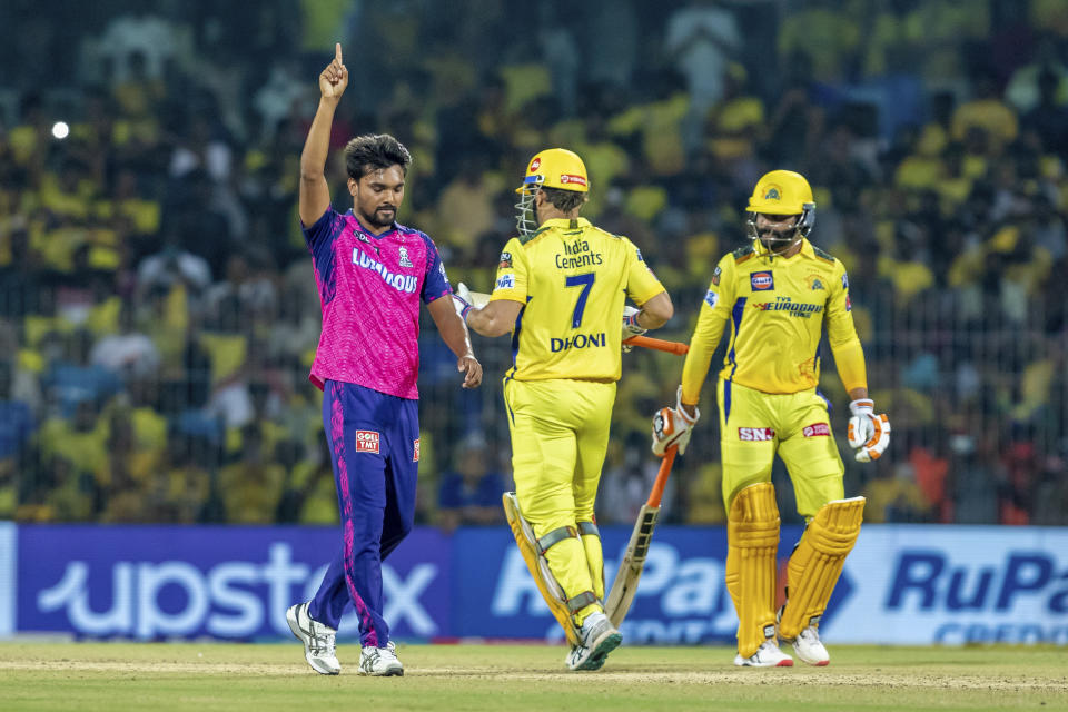 Sandeep Sharma of Rajasthan Royals celebrates after winning the Indian Premier League (IPL) cricket match between Chennai Super Kings and Rajasthan Royals in Chennai, India, Wednesday, April 12, 2023. (AP Photo/ R. Parthibhan)