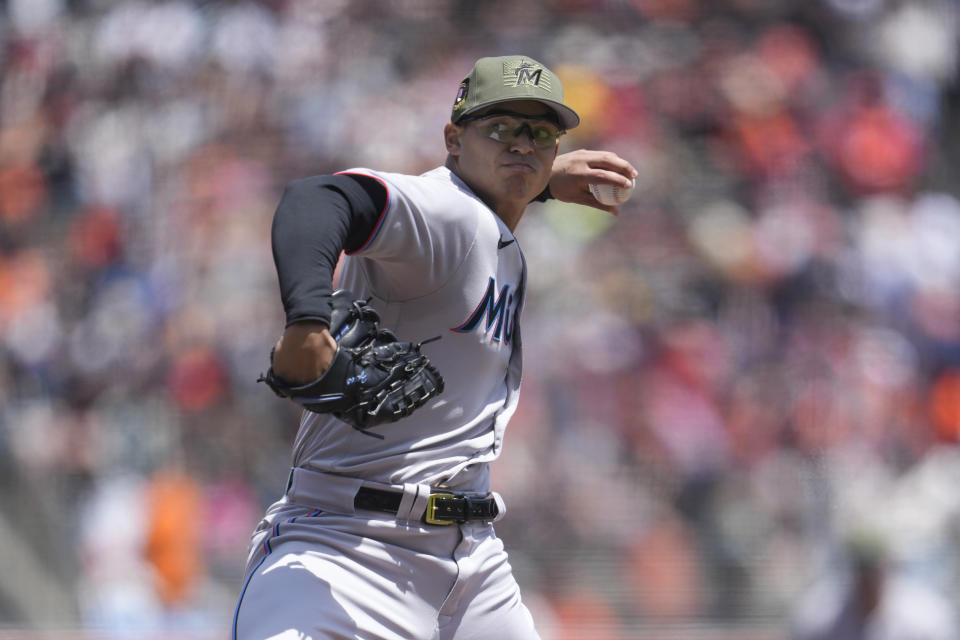 Miami Marlins pitcher Jesus Luzardo works against the San Francisco Giants during the first inning of a baseball game in San Francisco, Sunday, May 21, 2023. (AP Photo/Jeff Chiu)