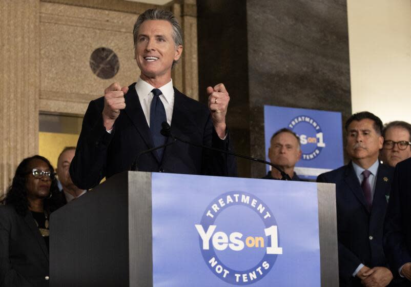 LOS ANGELES, CA - JANUARY 03: Gov. Gavin Newsom expressed shock that the largest mental health institution is the county jail. Newsom kicked off his campaign for Proposition 1 at Los Angeles General Medical Center in Los Angeles, CA on Wednesday, Jan. 3, 2024. The Proposition is the only statewide initiative on the March 5 primary ballot and asks voters to approve bonds to fund more treatment for mental illness and drug addiction. The initiative is a component of his efforts to tackle homelessness in the state. (Myung J. Chun / Los Angeles Times)