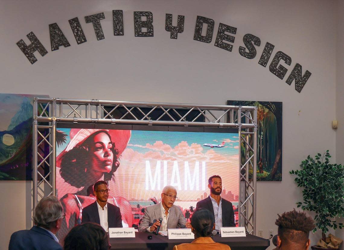 Jonathan Bayard, Sunrise Airways special project manager, left, Philippe Bayard, president, center, and Sébastian Bayard, executive director, right, speak as Sunrise Airways press conference on Wednesday, October 4, 2023 at the Little Haiti Cultural Center Complex in Miami. Father and sons were in Miami to announce their new route from Miami to Cap-Haïtien and Port-au-Prince.