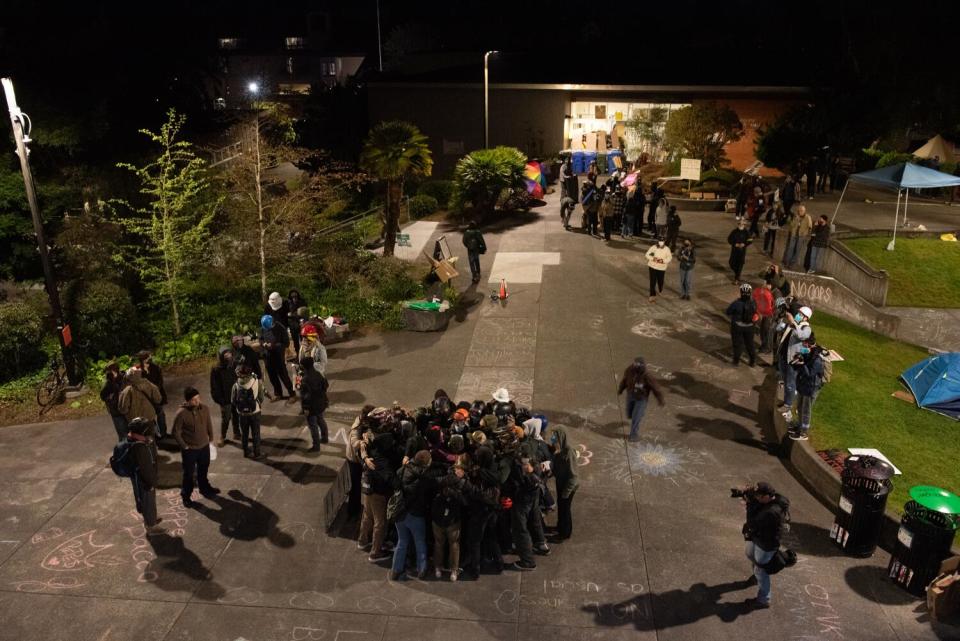 Protesters gather in the quad at a university.