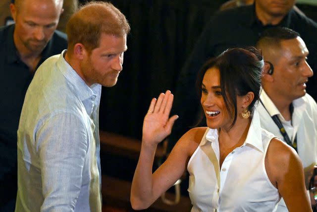 <p>RAUL ARBOLEDA/AFP via Getty</p> Prince Harry and Meghan, Duchess of Sussex during their tour of Colombia in Aug. 2024