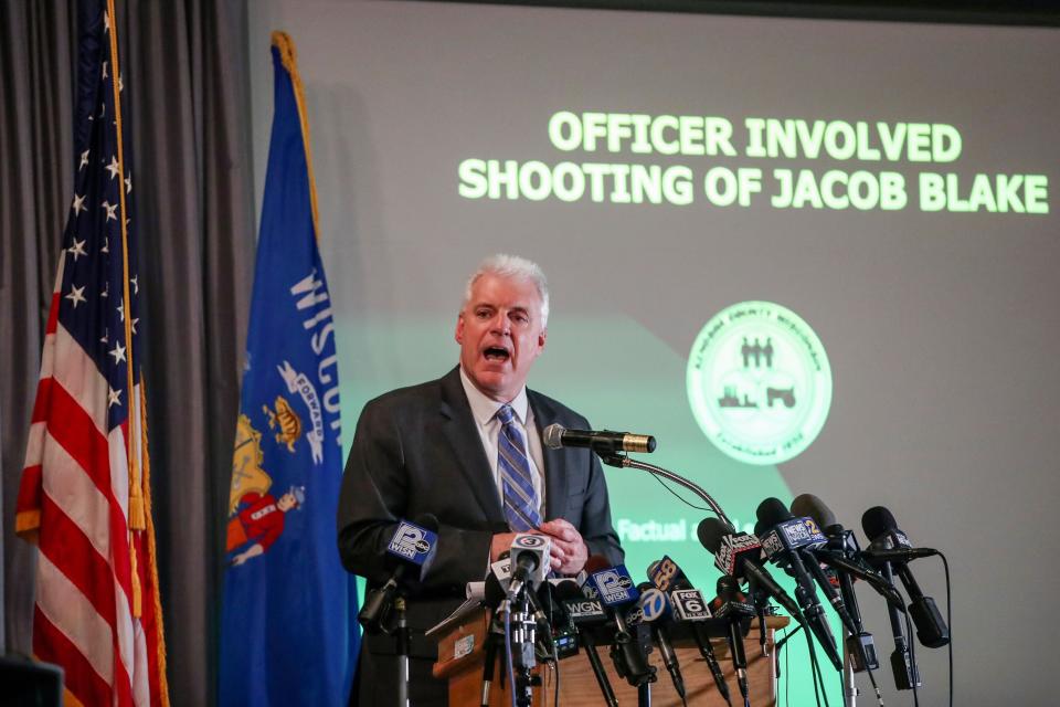 Kenosha District Attorney Michael Graveley announces that no charges will be filed in the shooting of Jacob Blake and no charges will be filed against Jacob Blake on Jan. 5, 2021.  (Photo: KAMIL KRZACZYNSKI/AFP via Getty)