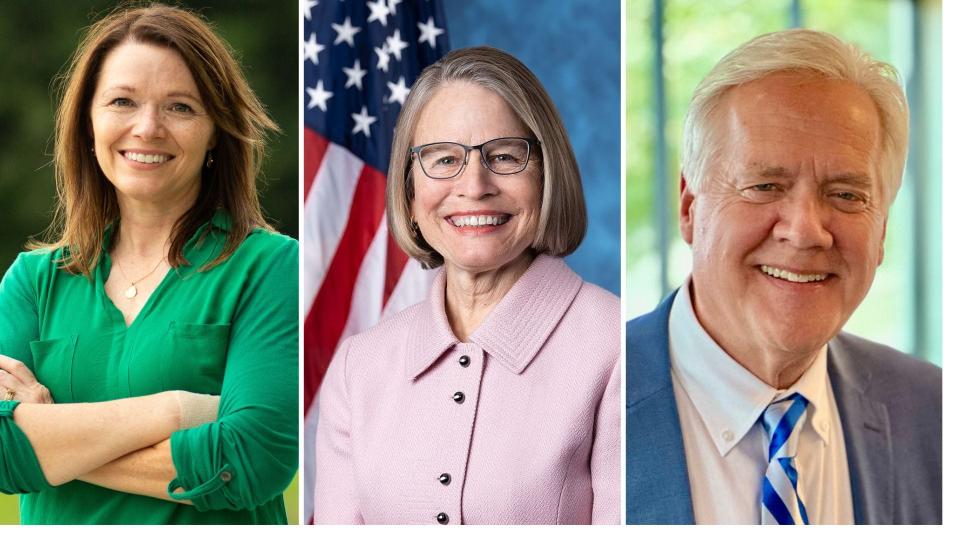 Democrat Christina Bohannan, far left, and Republican David Pautsch, at right, are seeking the 1st Congressional District seat held by Republican Rep. Mariannette Miller-Meeks in the 2024 election.