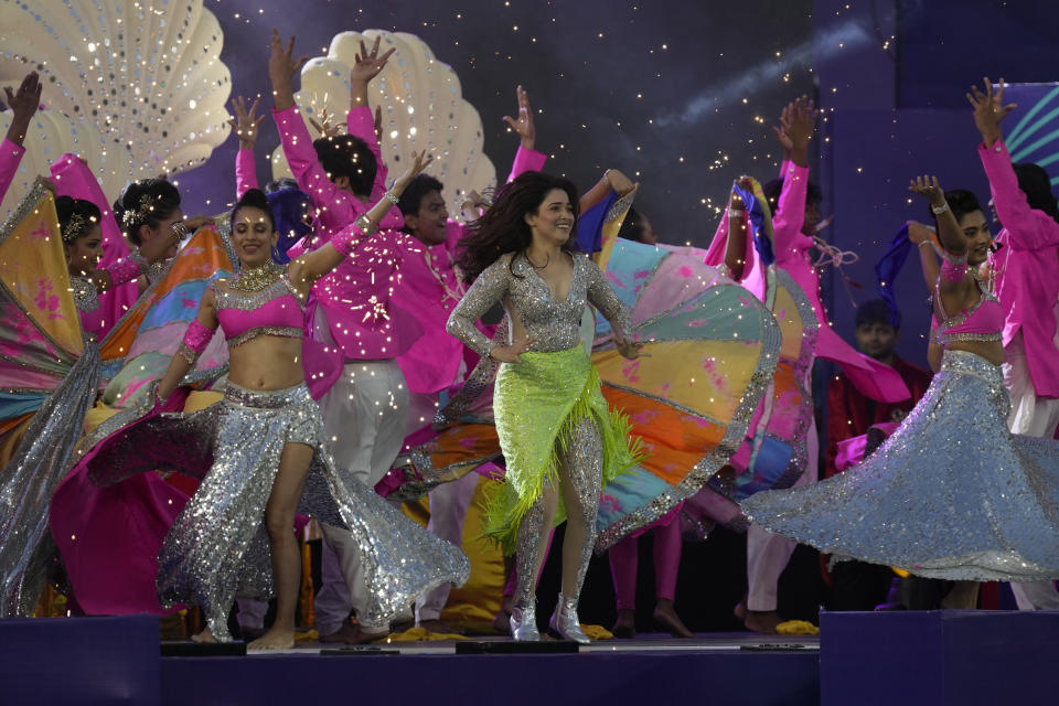 Bollywood actor Tamannah Bhatia performs during the inauguration of the Indian Premier League (IPL) 2023 in Ahmedabad, India, Friday, March 31, 2023. (AP Photo/Ajit Solanki)