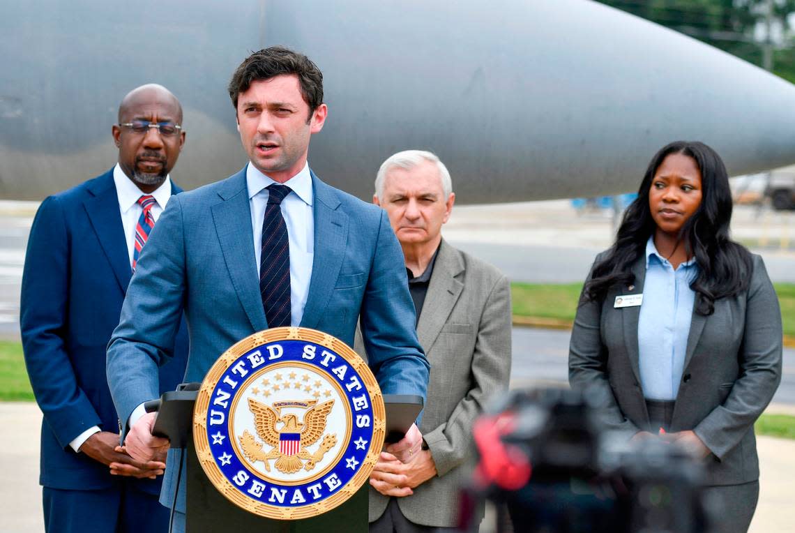 U.S. Sen. Jon Ossoff (D-GA) speaks a press conference Wednesday afternoon outside Warner Robins City Hall after touring Robins Air Force Base with fellow Senators Reverend Raphael Warnock (D-GA) and Jack Reed (D-RI), Senate Armed Services Committee Chairman.