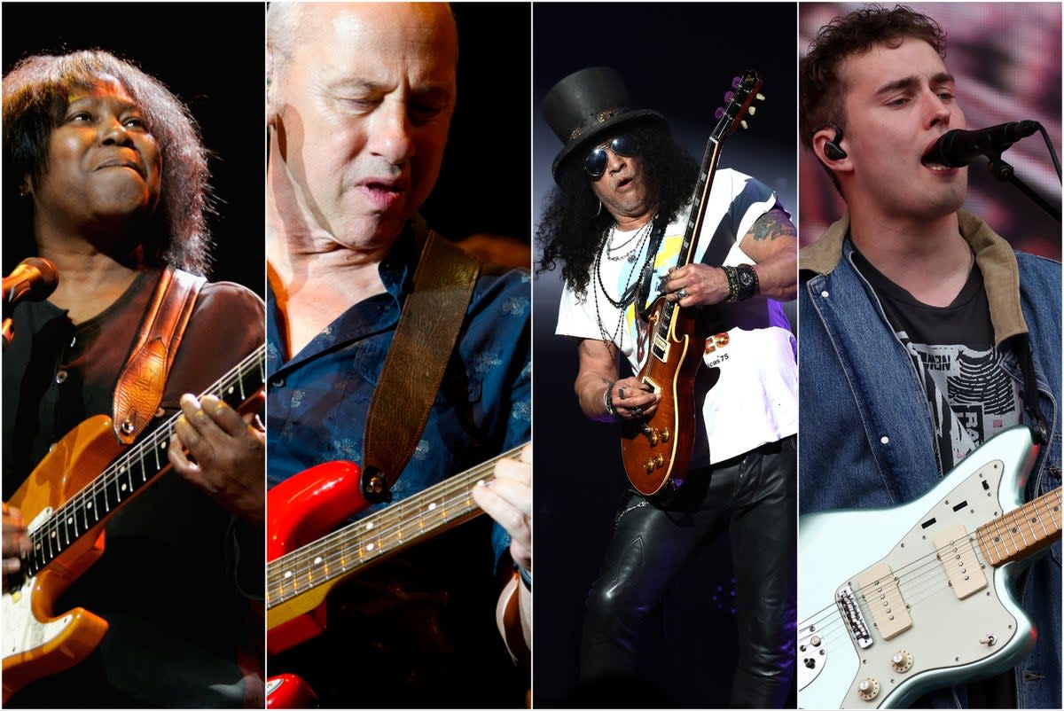 L-R:  Guitar Heroes bandmates Joan Armatrading, Mark Knopfler, Slash and Sam Fender (Getty)