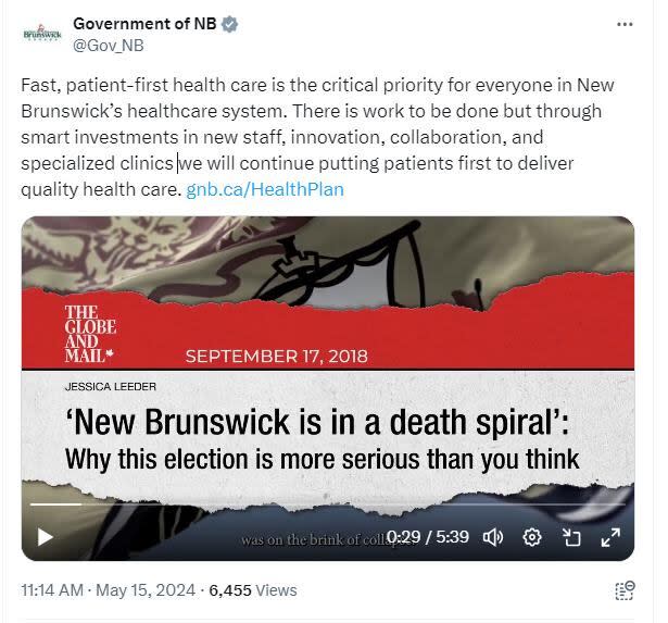 A nearly six-minute video about healthcare was posted to the Government of New Brunswick account on X, formerly Twitter. Another video with the same image of a Globe and Mail headline was also posted to a PC party account.