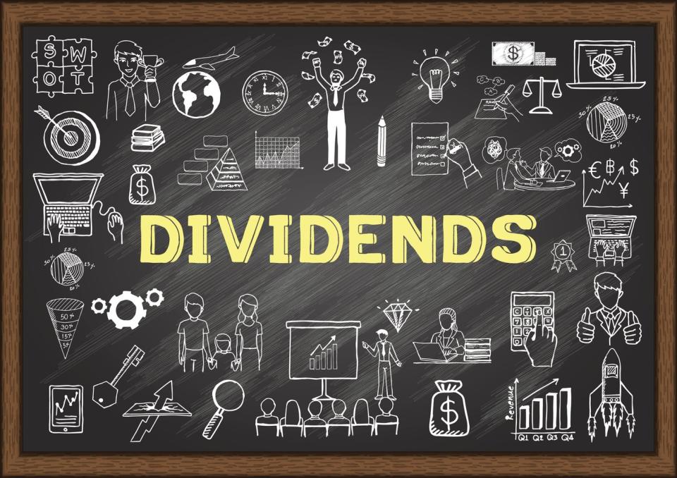 The word "dividends" written on a chalk board