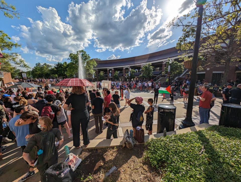 About 300 demonstrators gathered to express solidarity with Palestine in the University of Alabama's Student Center plaza Wednesday afternoon.