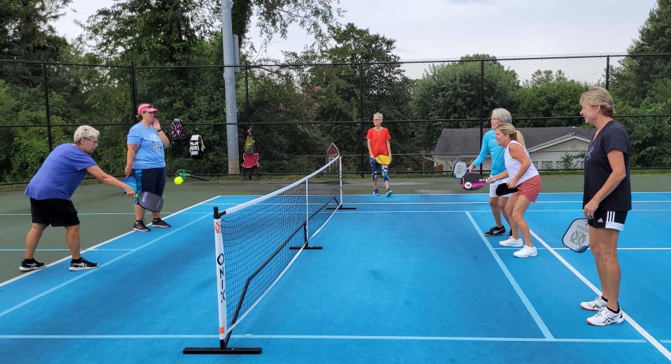 One tennis court can house two pickleball courts, typically with four players a side.
