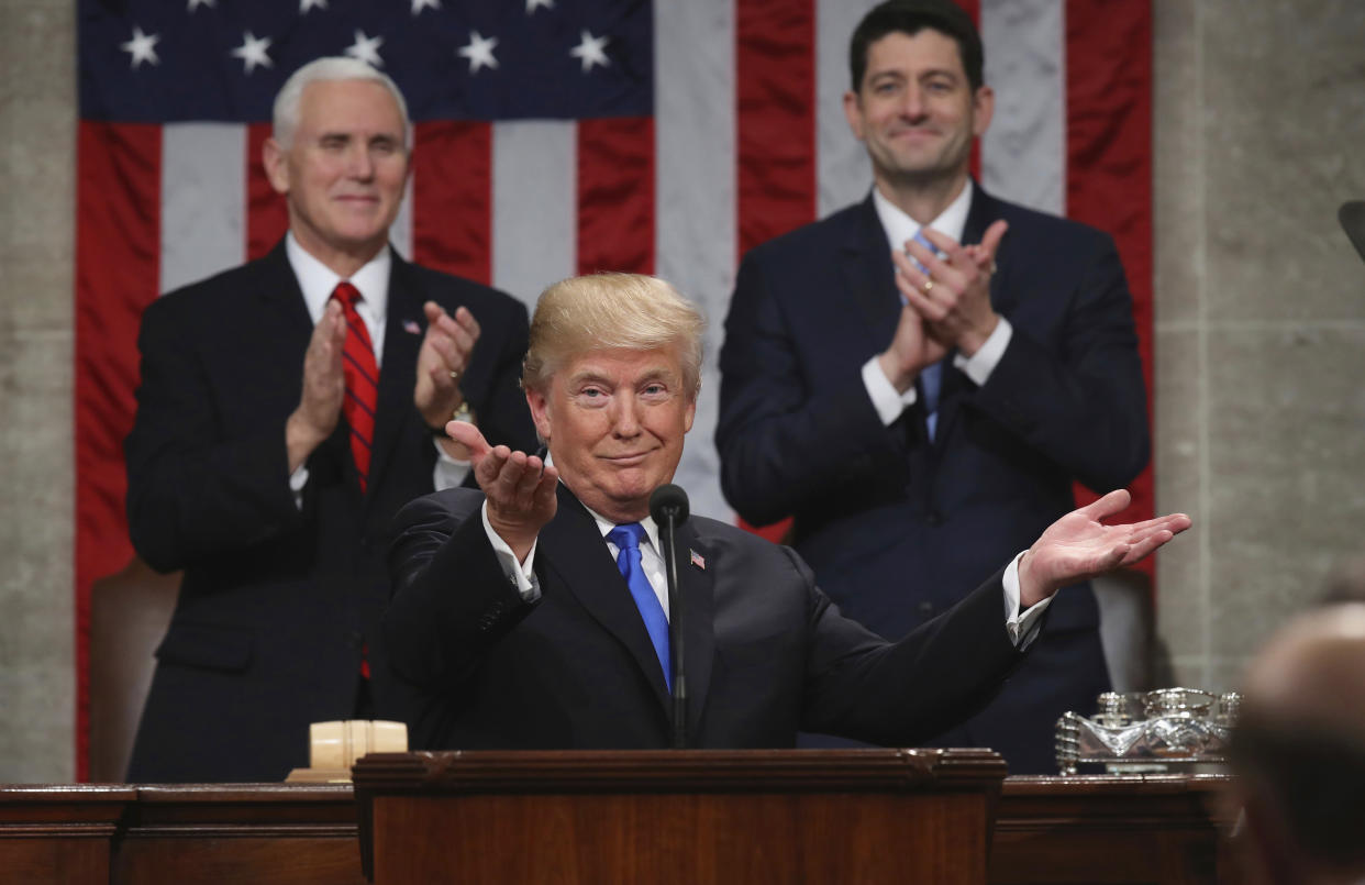 President Donald Trump has hailed his part in the rise and rise of the stock market (Win McNamee/AP)