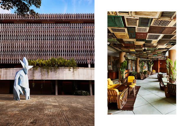 <p>Armelle Habib</p> From left: Pointman - River Warrior, a sculpture by the artist Futura at Desa Potato Head; salvaged teak shutters line the ceiling at Potato Head Beach Club.