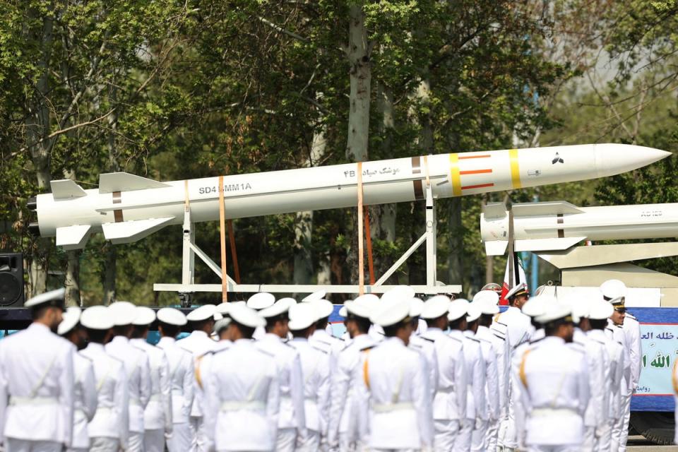 An Iranian missile is seen during the National Army Day parade ceremony in Tehran, Iran (Majid Asgaripour/WANA via Reuters)