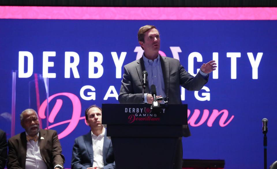 Governor Andy Beshear makes remarks during the opening of the new Derby City Gaming Downtown in Louisville, Ky. on Dec. 4, 2023.