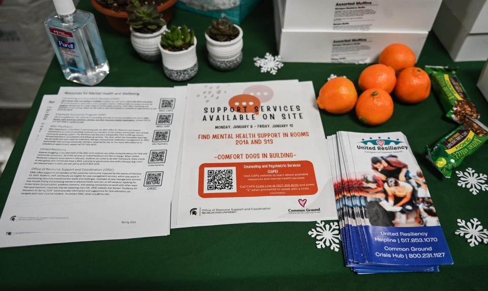 Snacks and mental health/counseling literature seen in Berkey Hall, Monday, Jan. 8, 2024, the first day Michigan State University opened Berkey for student instruction since the Feb. 13 campus shooting.